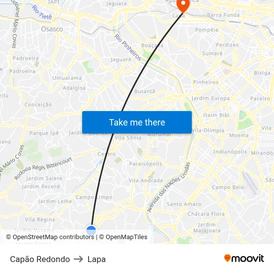 Capão Redondo to Lapa map