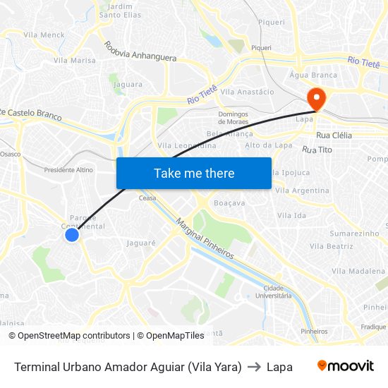 Terminal Urbano Amador Aguiar (Vila Yara) to Lapa map