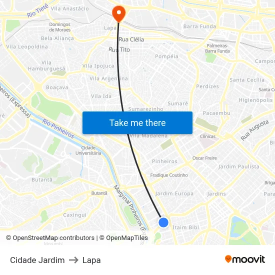 Cidade Jardim to Lapa map