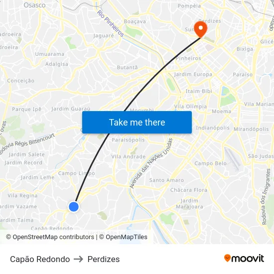 Capão Redondo to Perdizes map