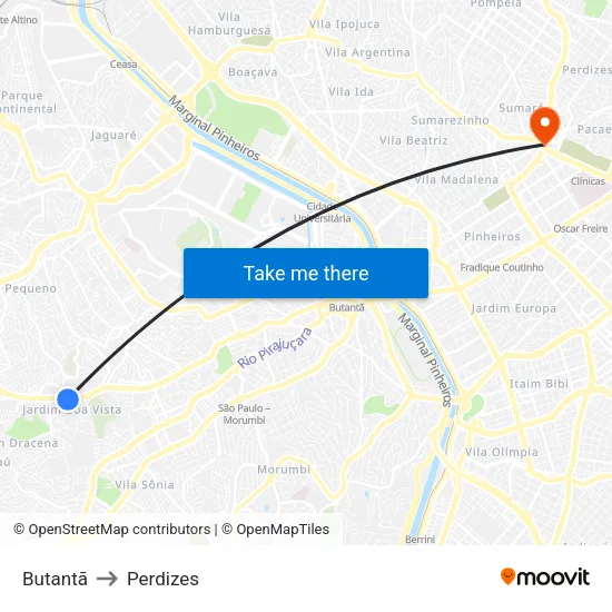 Butantã to Perdizes map