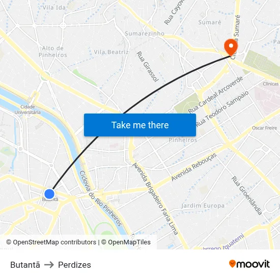 Butantã to Perdizes map