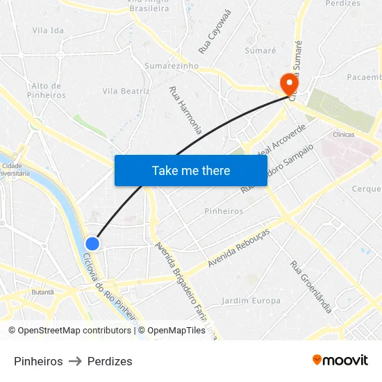 Pinheiros to Perdizes map