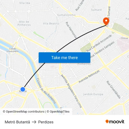 Metrô Butantã to Perdizes map