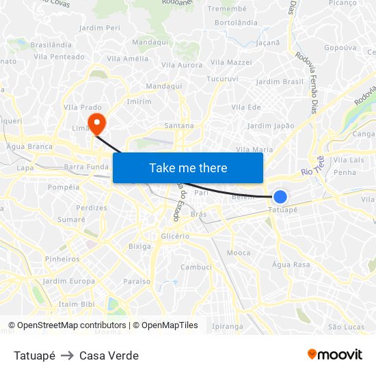 Tatuapé to Casa Verde map