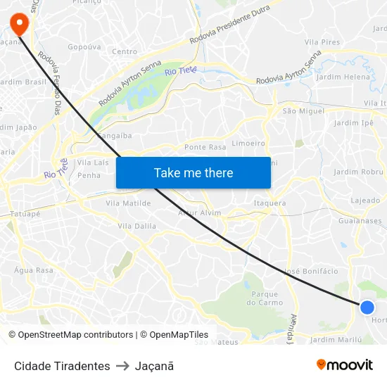 Cidade Tiradentes to Jaçanã map