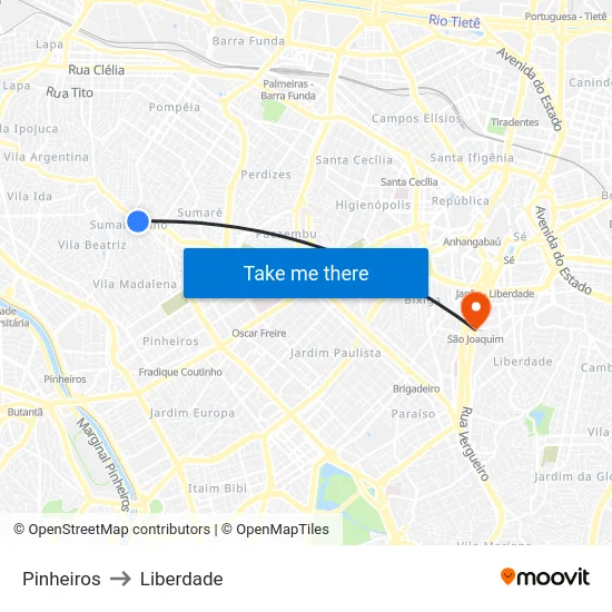 Pinheiros to Liberdade map