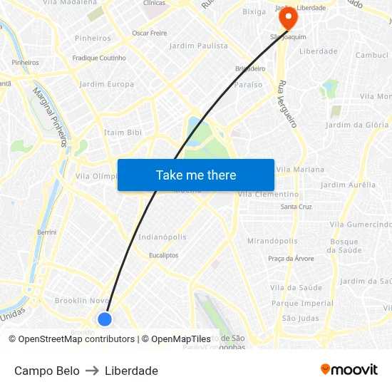 Campo Belo to Liberdade map