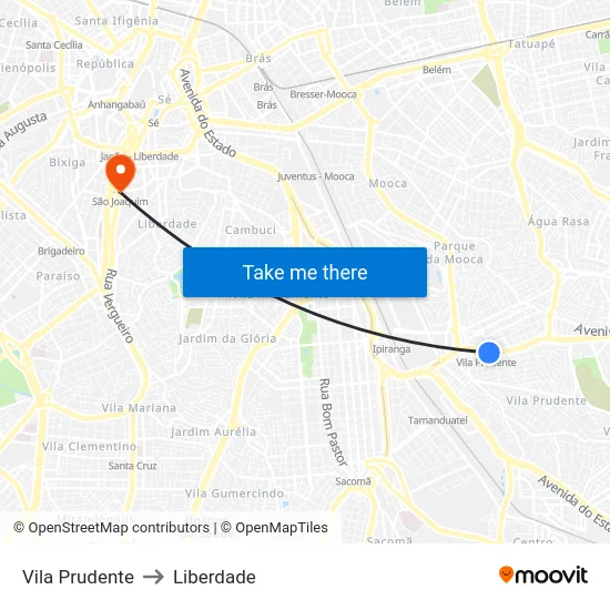 Vila Prudente to Liberdade map