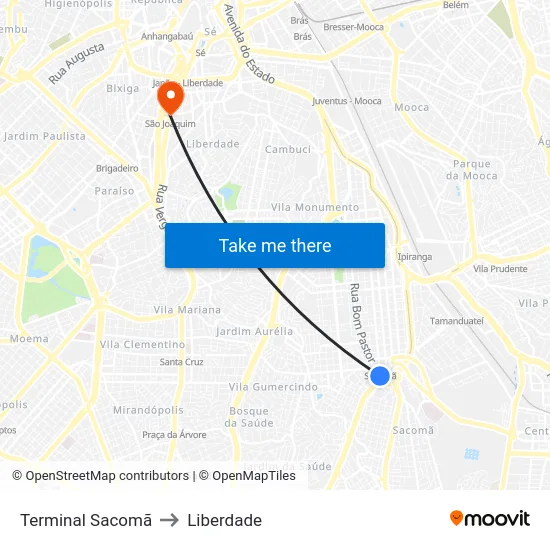 Terminal Sacomã to Liberdade map