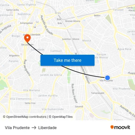 Vila Prudente to Liberdade map