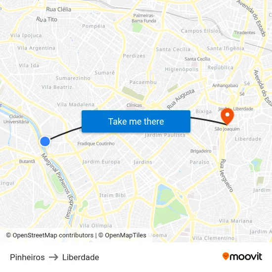 Pinheiros to Liberdade map