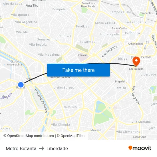 Metrô Butantã to Liberdade map