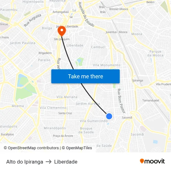 Alto do Ipiranga to Liberdade map