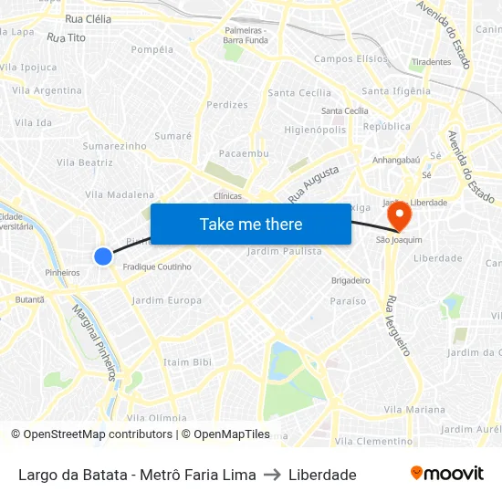 Largo da Batata - Metrô Faria Lima to Liberdade map