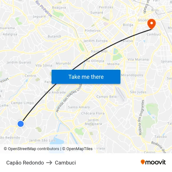 Capão Redondo to Cambuci map