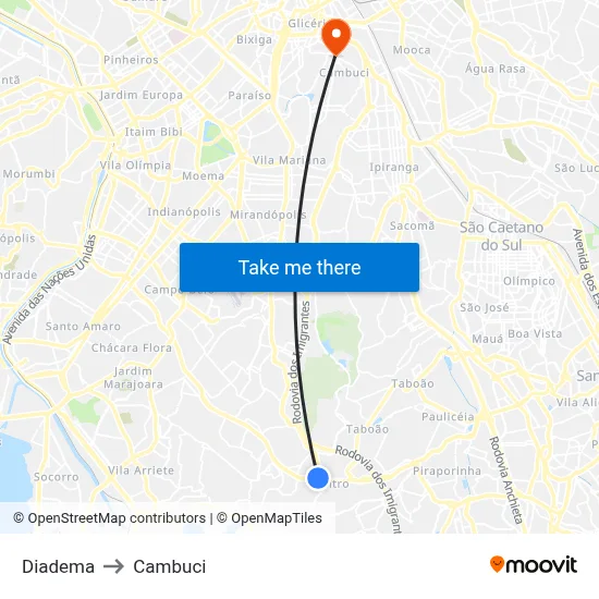 Diadema to Cambuci map