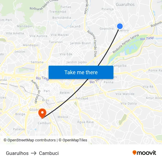 Guarulhos to Cambuci map