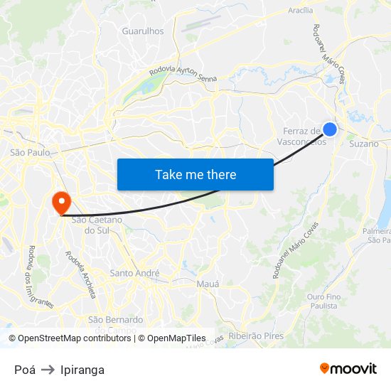 Poá to Ipiranga map