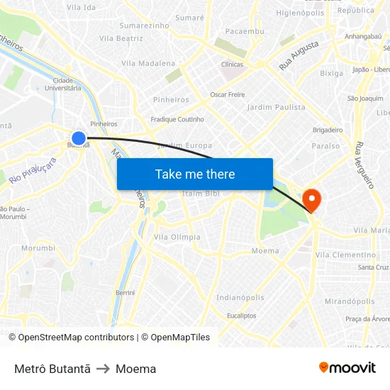 Metrô Butantã to Moema map