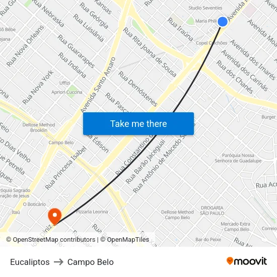 Eucaliptos to Campo Belo map