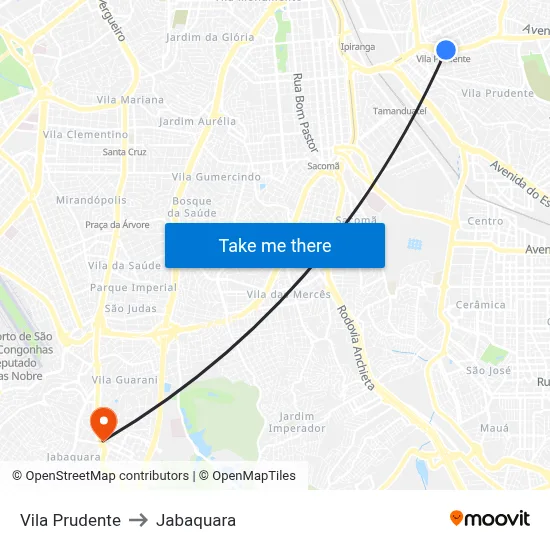Vila Prudente to Jabaquara map