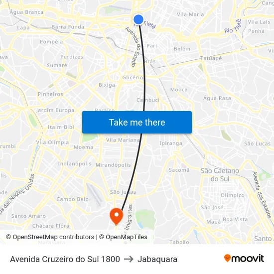 Avenida Cruzeiro do Sul 1800 to Jabaquara map