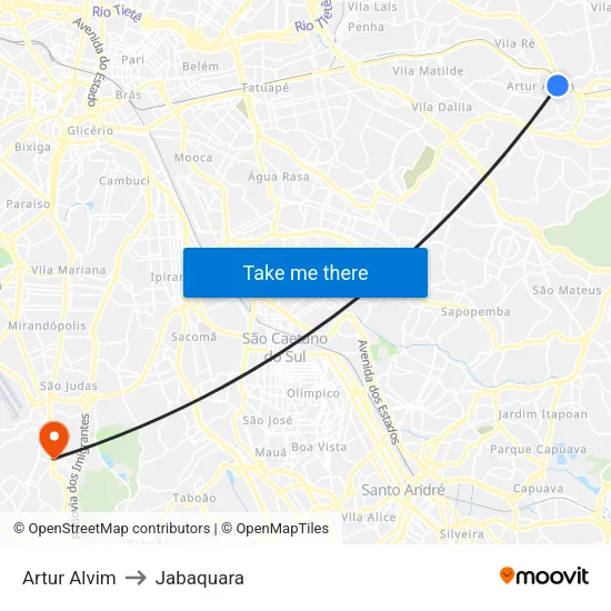Artur Alvim to Jabaquara map