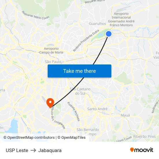 USP Leste to Jabaquara map