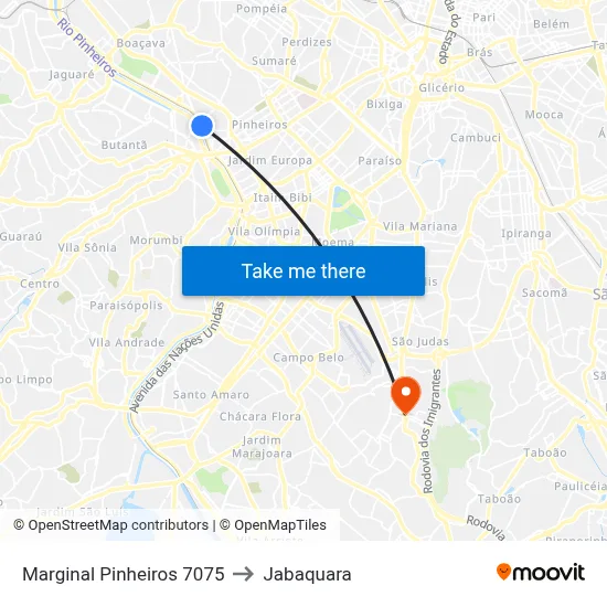 Marginal Pinheiros 7075 to Jabaquara map