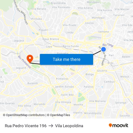 Rua Pedro Vicente 196 to Vila Leopoldina map