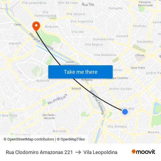Rua Clodomiro Amazonas 221 to Vila Leopoldina map