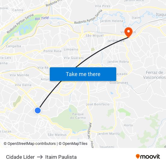 Cidade Líder to Itaim Paulista map