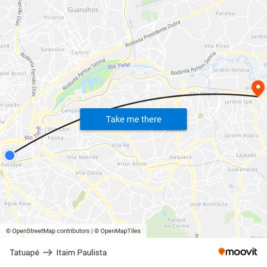 Tatuapé to Itaim Paulista map