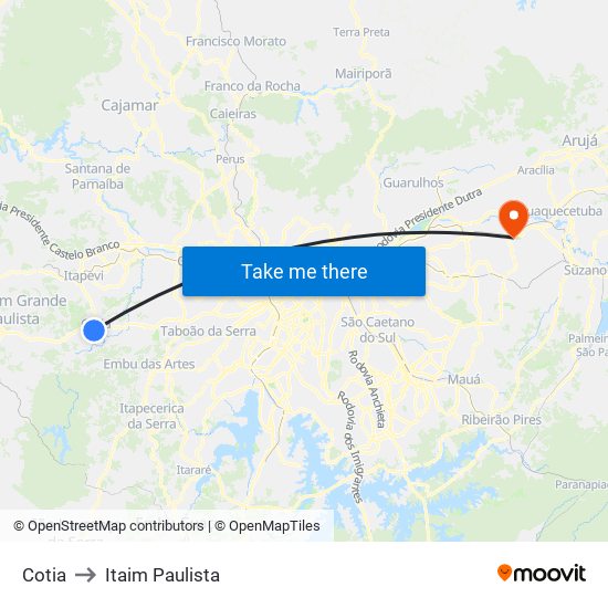 Cotia to Itaim Paulista map