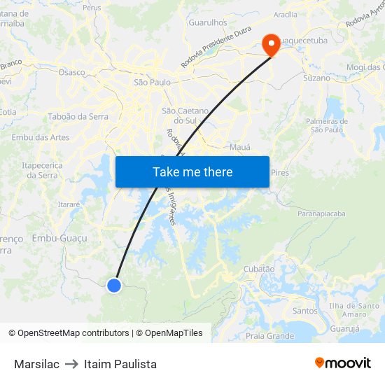 Marsilac to Itaim Paulista map