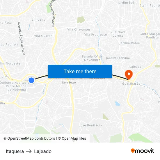 Itaquera to Lajeado map