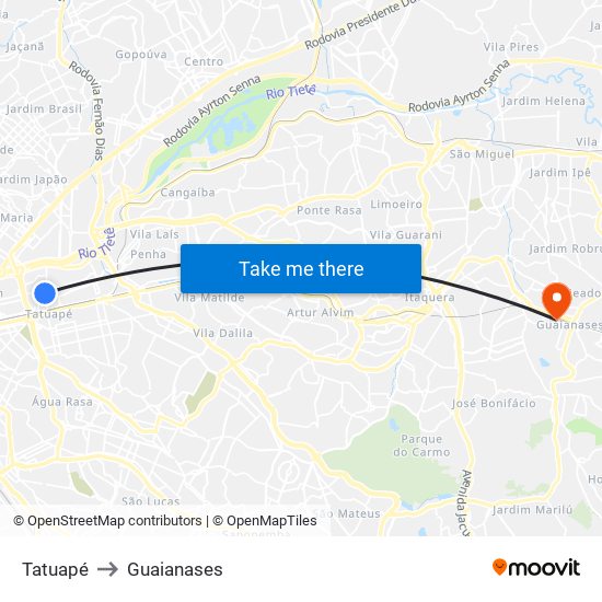Tatuapé to Guaianases map