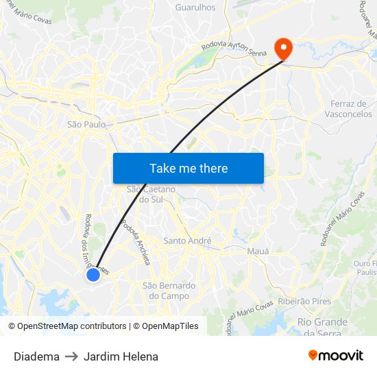 Diadema to Jardim Helena map