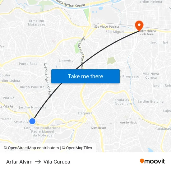 Artur Alvim to Vila Curuca map