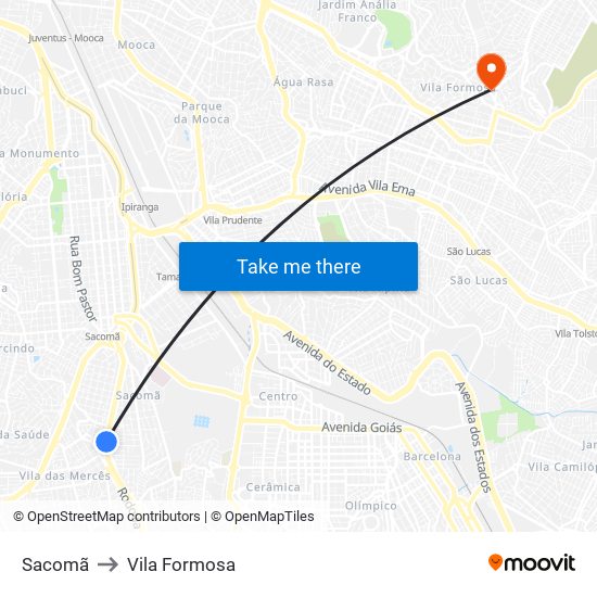 Sacomã to Vila Formosa map