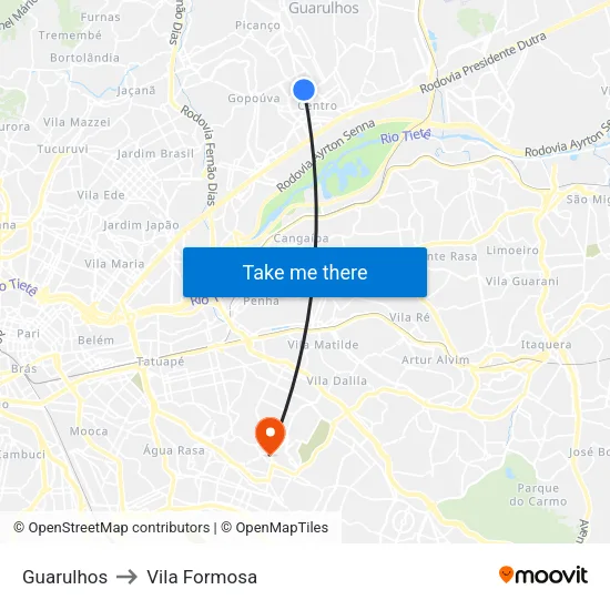 Guarulhos to Vila Formosa map
