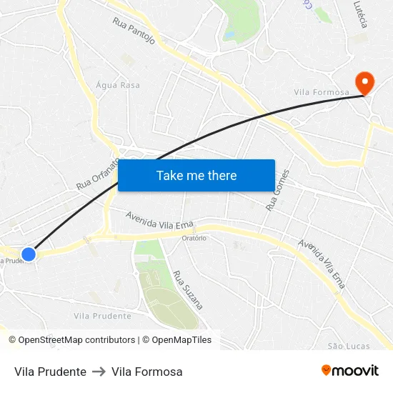 Vila Prudente to Vila Formosa map