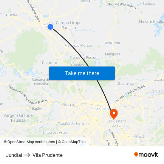 Jundiaí to Vila Prudente map