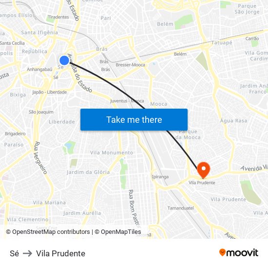 Sé to Vila Prudente map