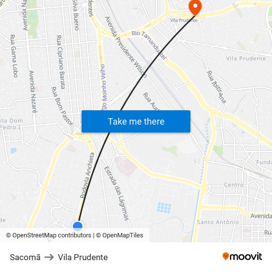 Sacomã to Vila Prudente map