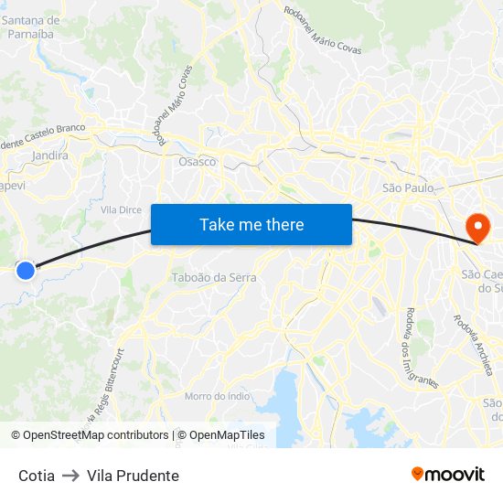 Cotia to Vila Prudente map