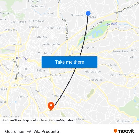 Guarulhos to Vila Prudente map