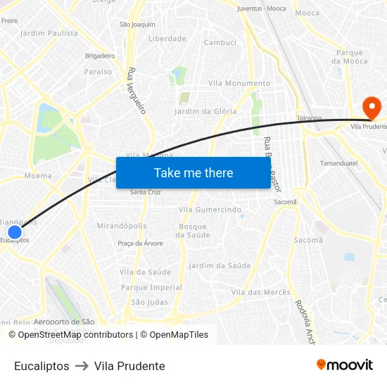 Eucaliptos to Vila Prudente map