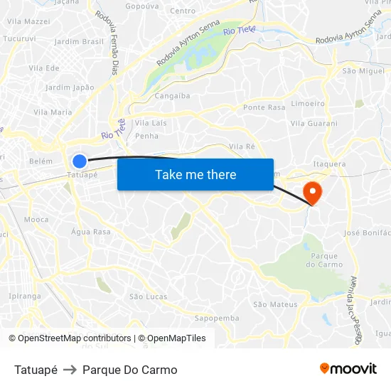 Tatuapé to Parque Do Carmo map